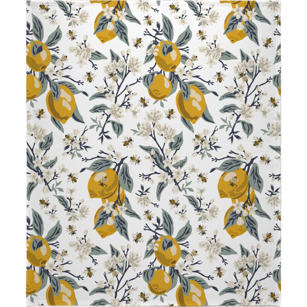 Bees and Lemons - White Blanket, Fleece, 50x60, Yellow