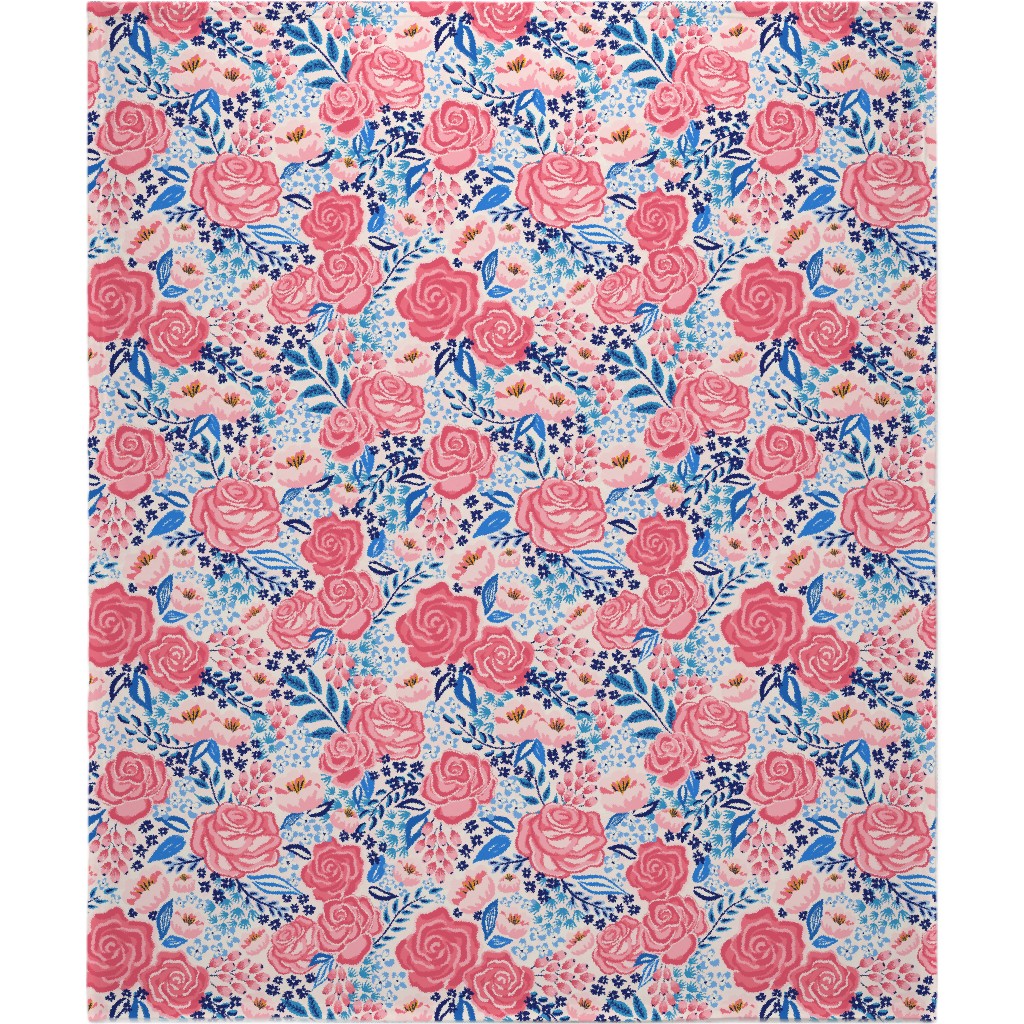 Chintz Roses - Coral and Blue Blanket, Fleece, 50x60, Pink