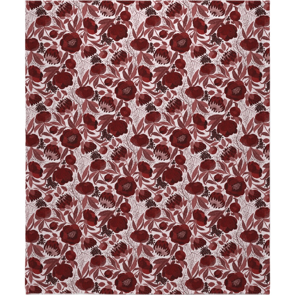 Peony and King Protea - Burgundy Blanket, Fleece, 50x60, Red
