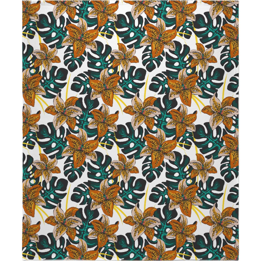 Tropical Lily on White Blanket, Plush Fleece, 50x60, Multicolor