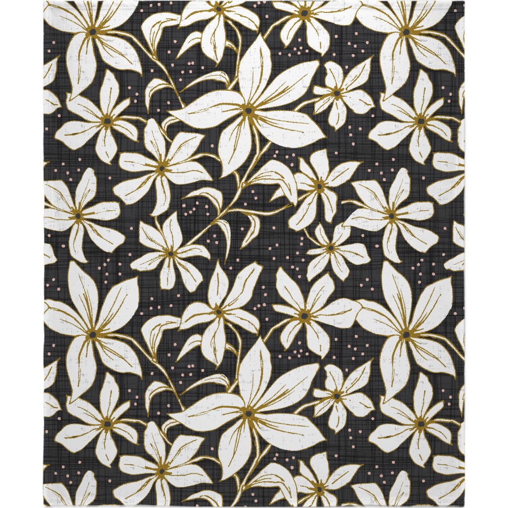 Lilium - Floral - Charcoal Black & White Blanket, Plush Fleece, 50x60, Black
