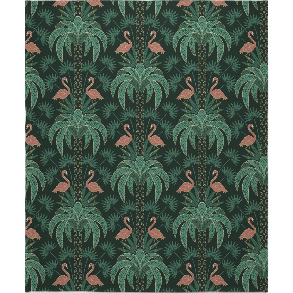 Art Deco Palm Trees and Flamingos Damask - Green and Pink Blanket, Plush Fleece, 50x60, Green