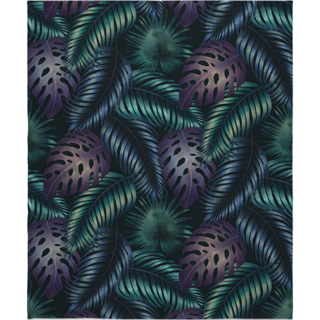 Tropical Leaves in the Moonlight - Dark Blanket, Plush Fleece, 50x60, Blue, True Blue