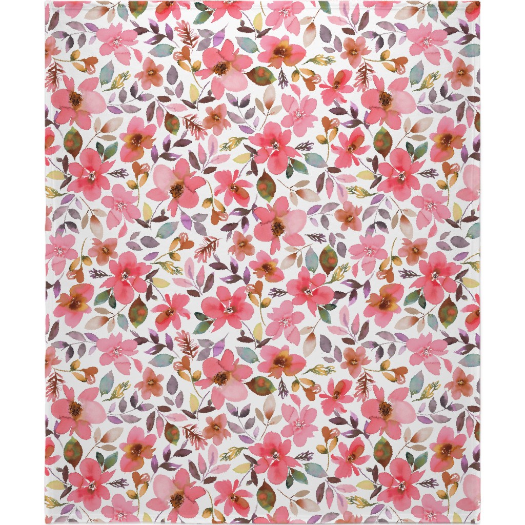 Summery Watercolor Flowers - Coral Pink Blanket, Plush Fleece, 50x60, Pink