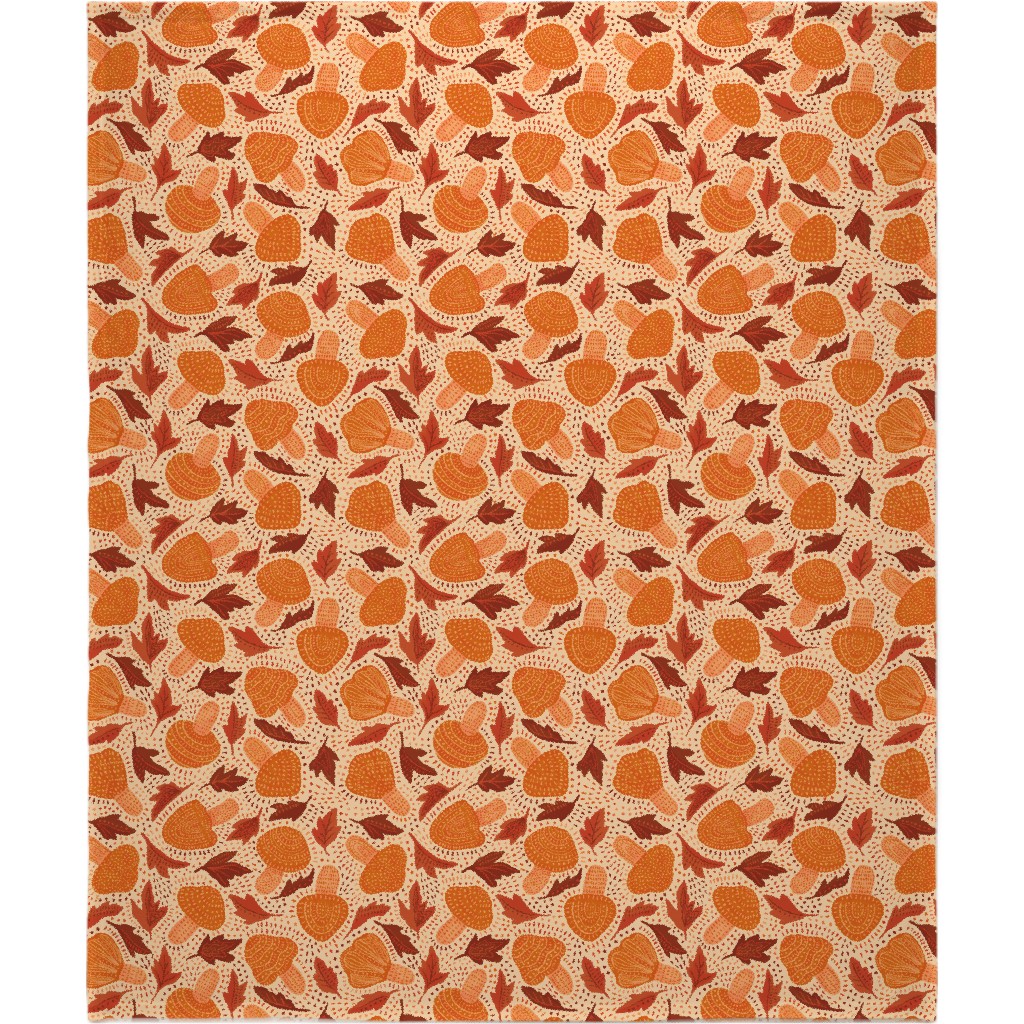 Autumn Mushrooms and Fallen Leaves Blanket, Plush Fleece, 50x60, Orange, Orange
