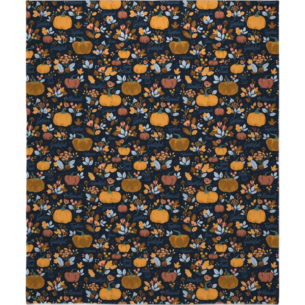Elegant Fall Floral Harvest - Navy Blanket, Plush Fleece, 50x60, Orange, Orange