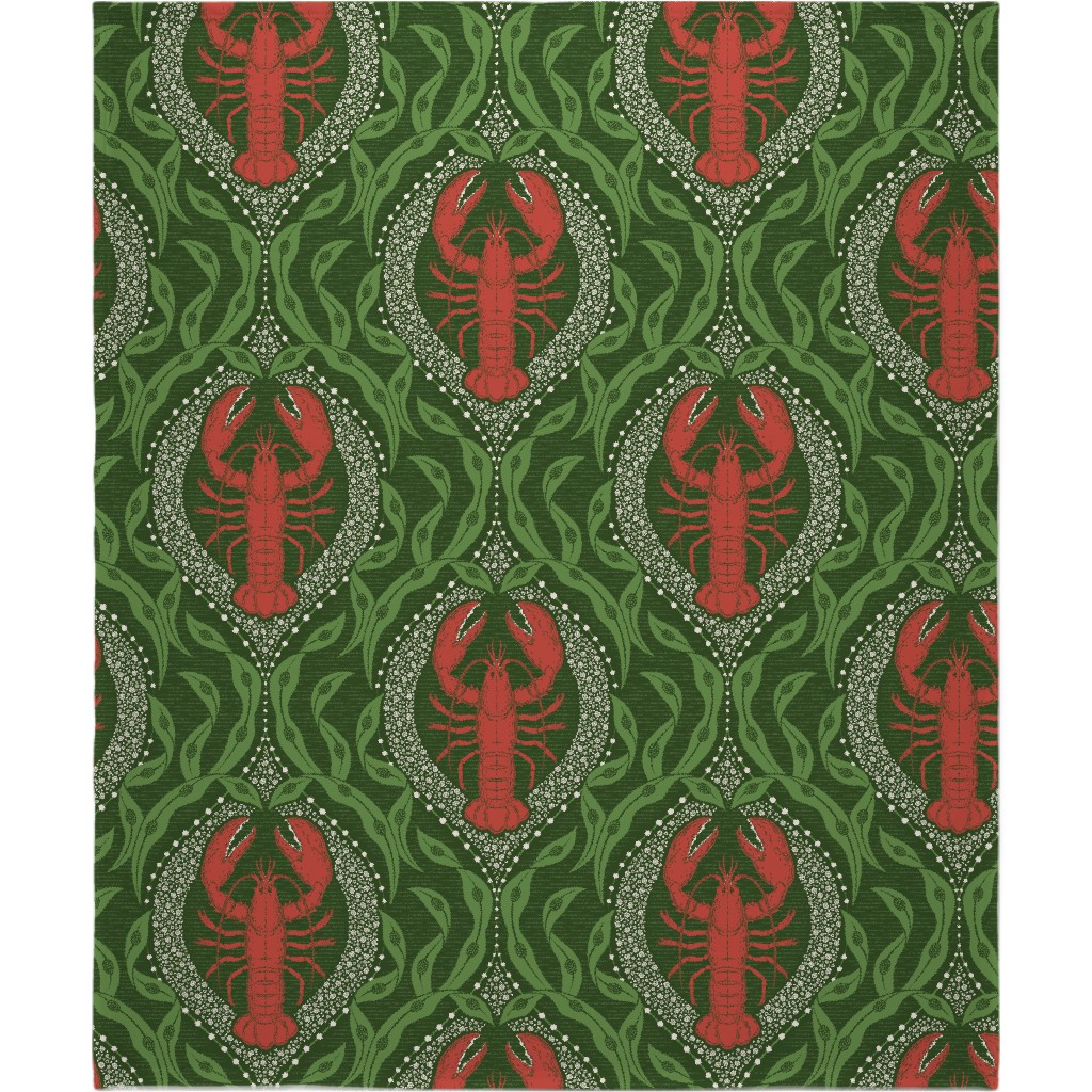 Lobster and Seaweed Nautical Damask Blanket, Plush Fleece, 50x60, Green