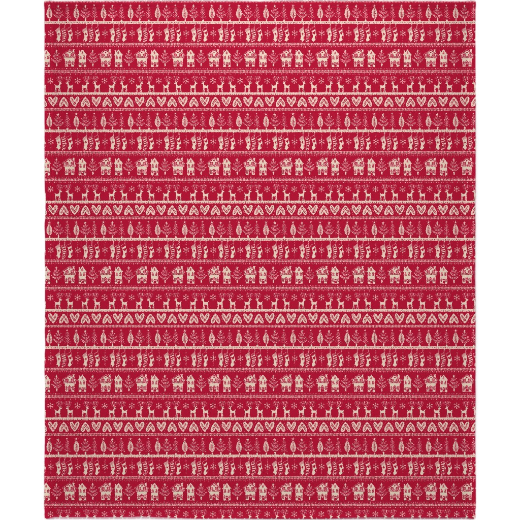 Vintage Nordic Christmas Blanket, Plush Fleece, 50x60, Red