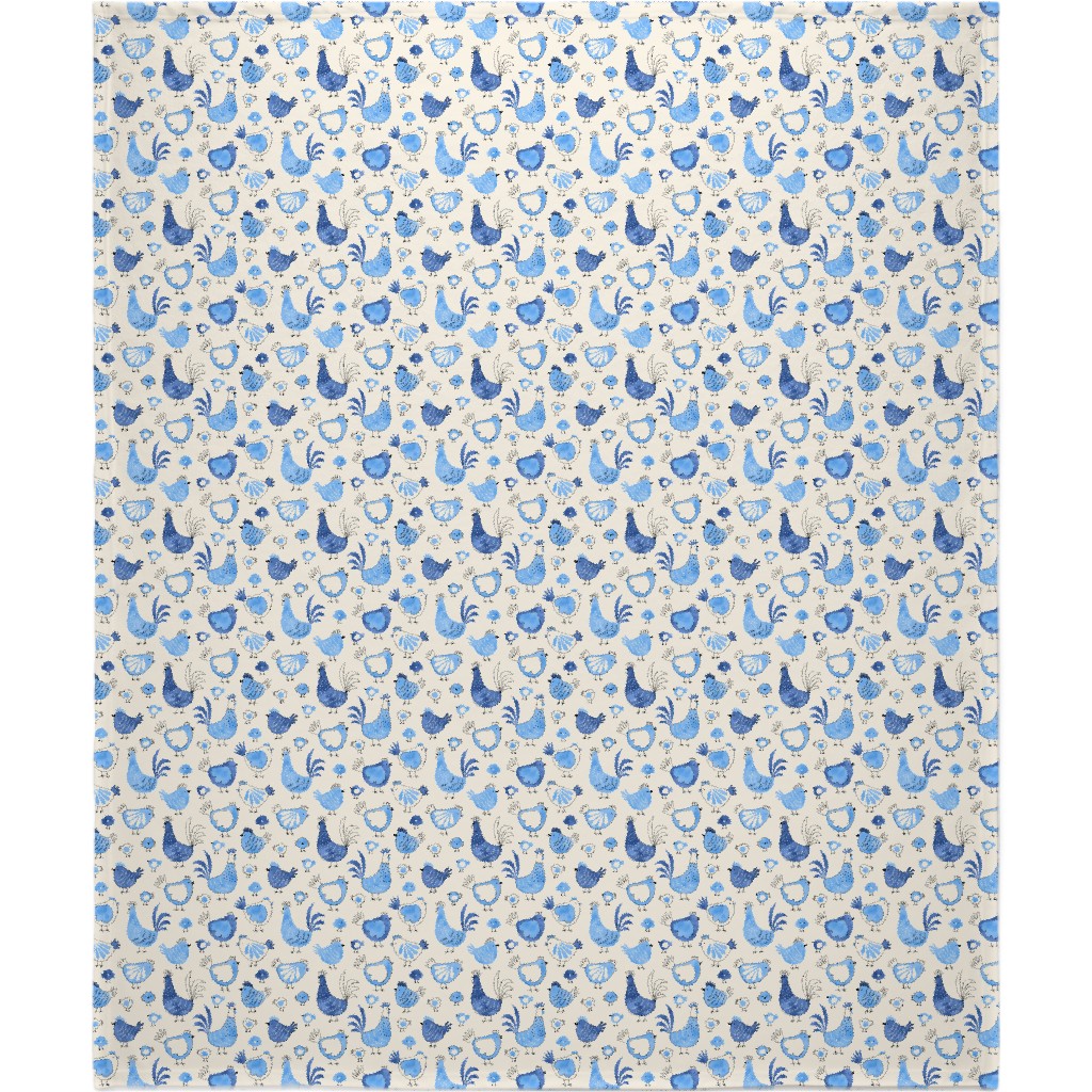 Chicken and Rooster - Watercolor - Blue on Creme Blanket, Plush Fleece, 50x60, Blue, True Blue