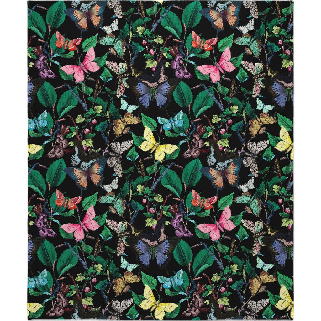 Butterfly Sanctuary - Bright on Black Blanket, Plush Fleece, 50x60, Multicolor