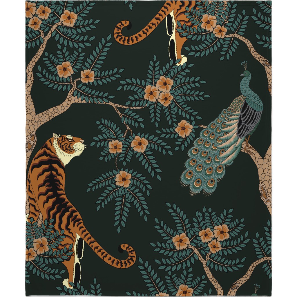 Tiger and Peacock Blanket, Plush Fleece, 50x60, Black