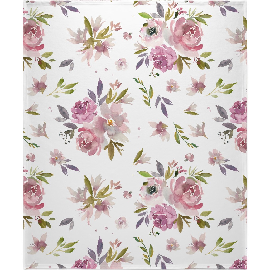 Watercolor Mauve Floral - Pink and Purple Blanket, Plush Fleece, 50x60, Pink