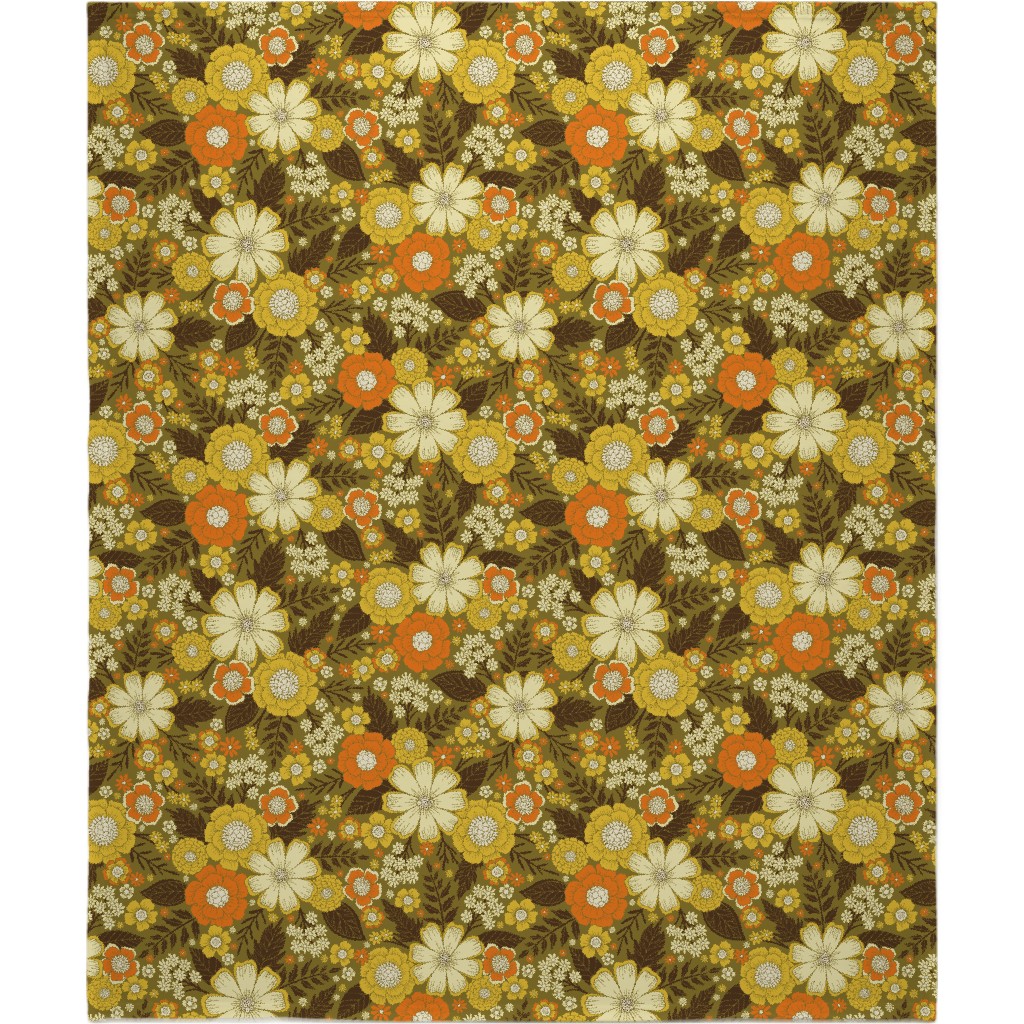 1970s Retro/Vintage Floral - Yellow and Brown Blanket, Plush Fleece, 50x60, Yellow, Classic Yellow