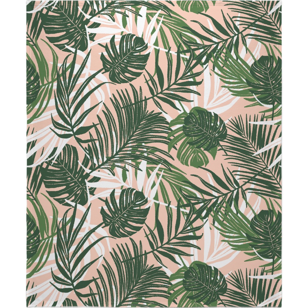 Hideaway Tropical Palm Leaves - Blush Pink Blanket, Plush Fleece, 50x60, Green
