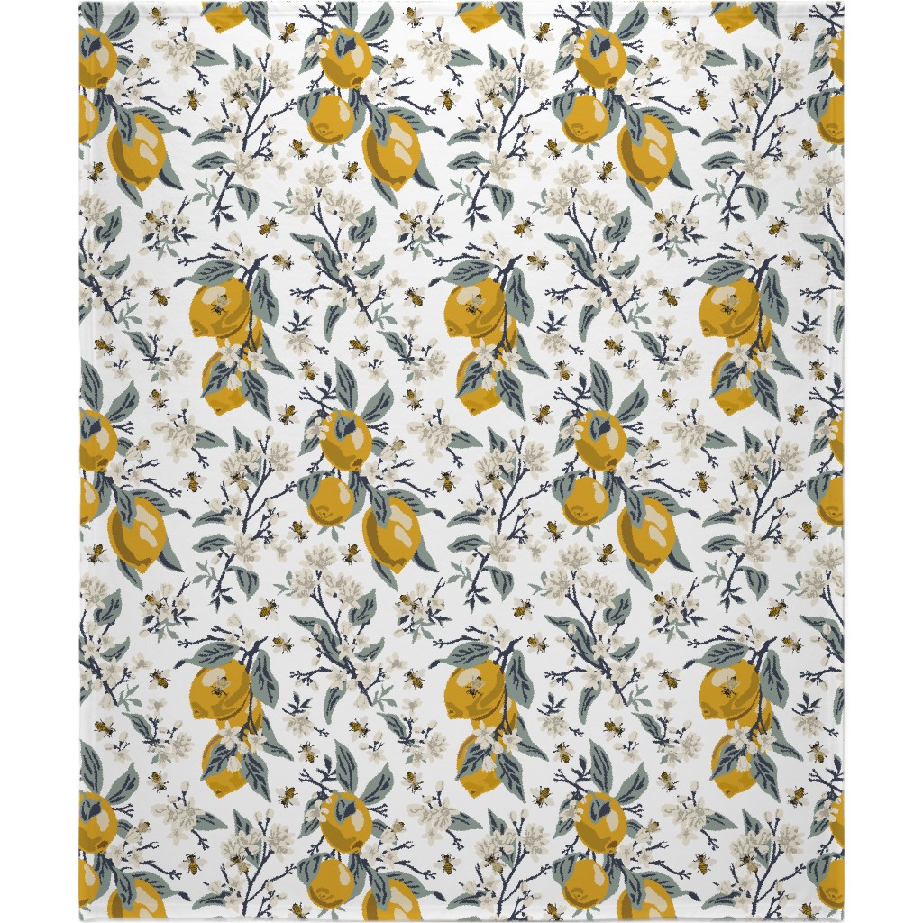 Bees & Lemons Blanket, Sherpa, 50x60, Yellow, Antique White