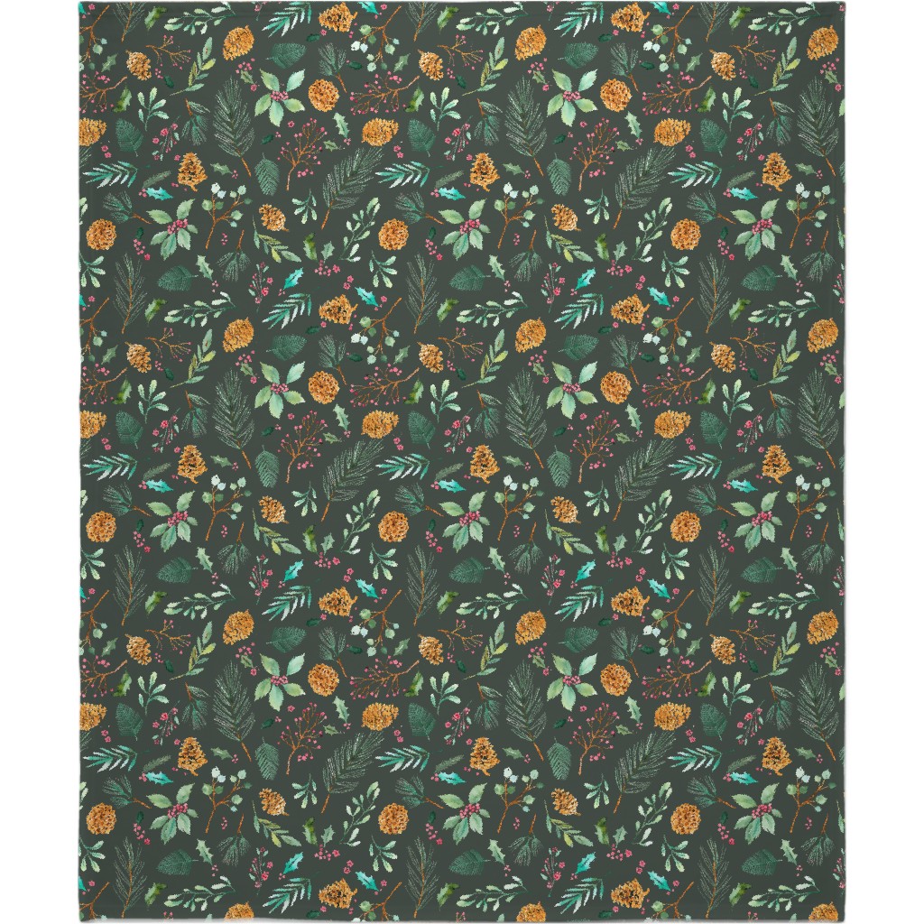 Christmas Holiday Botanical on Dark Green Blanket, Sherpa, 50x60, Blue