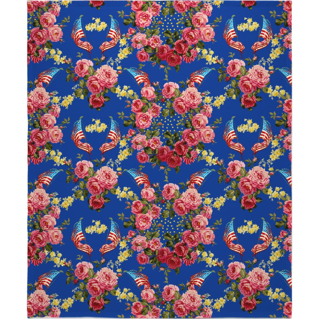 Americana Summer Roses - Blue Blanket, Sherpa, 50x60, Blue, True Blue