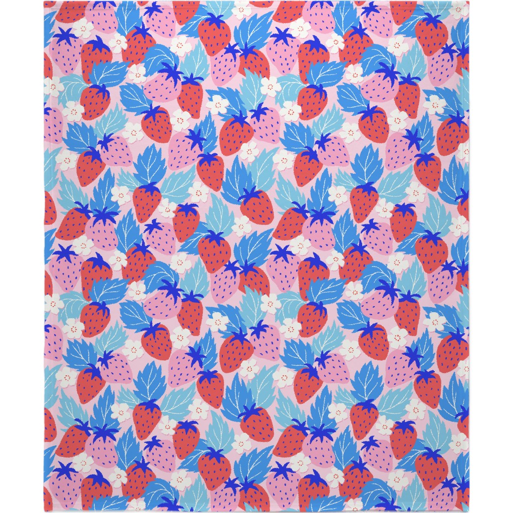 Papercut Strawberries - Pink and Blue Blanket, Sherpa, 50x60, Multicolor