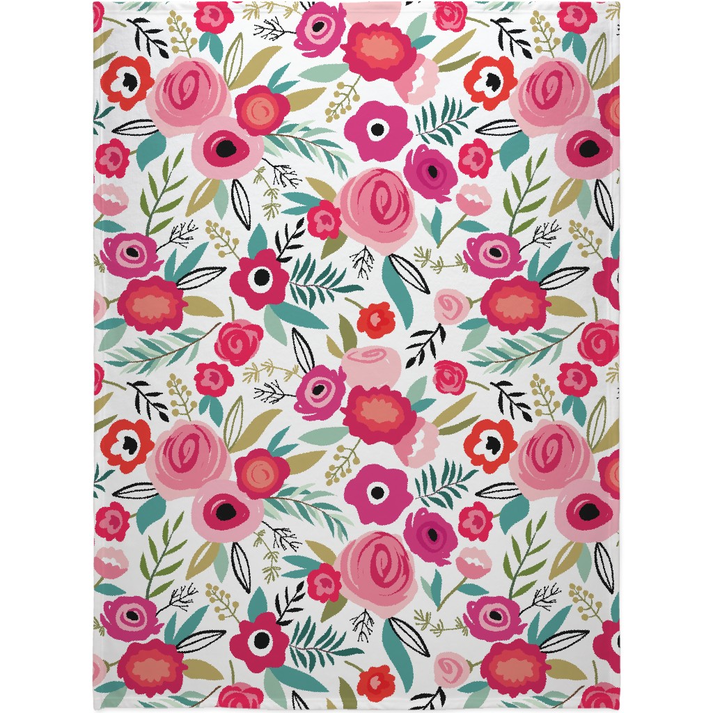 Maypole Floral - Pink on White Blanket, Fleece, 60x80, Pink, Bright Pink