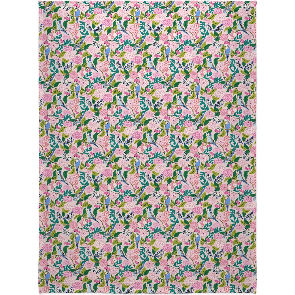 Budgies and Butterflies - Pink and Green Blanket, Fleece, 60x80, Pink