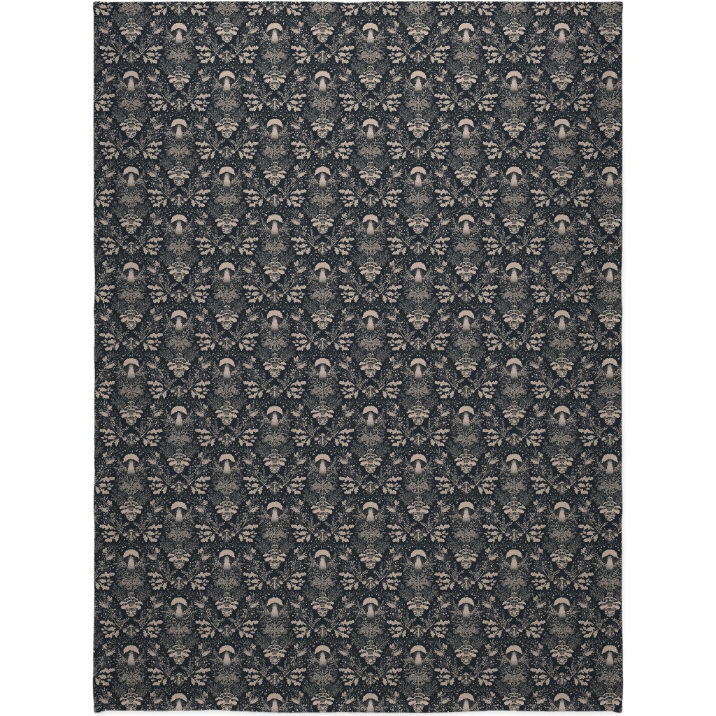 Mushroom Forest Damask - Dark Blanket, Fleece, 60x80, Black