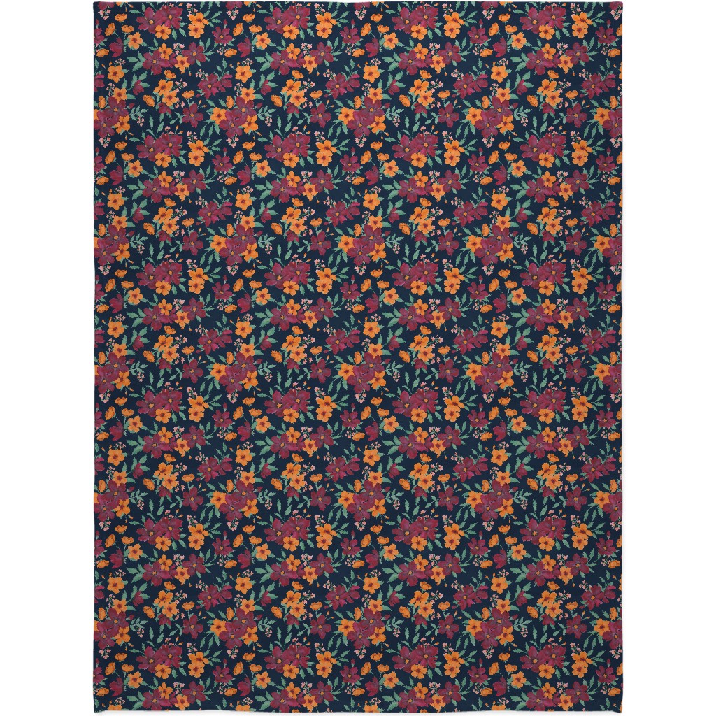 Watercolor Autumn Florals - Navy Blanket, Fleece, 60x80, Multicolor