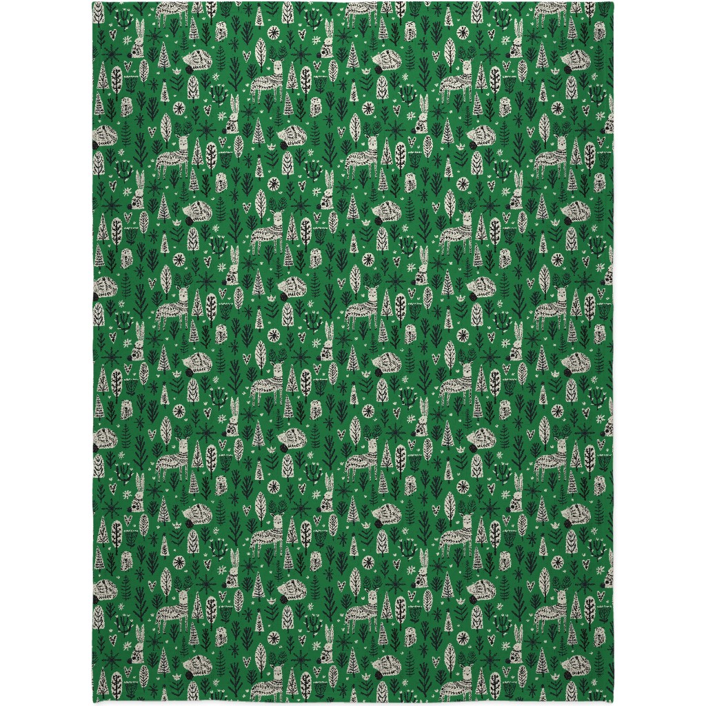 Scandi Snowflake Holiday - Alligator Green With Vanilla & Black Blanket, Fleece, 60x80, Green