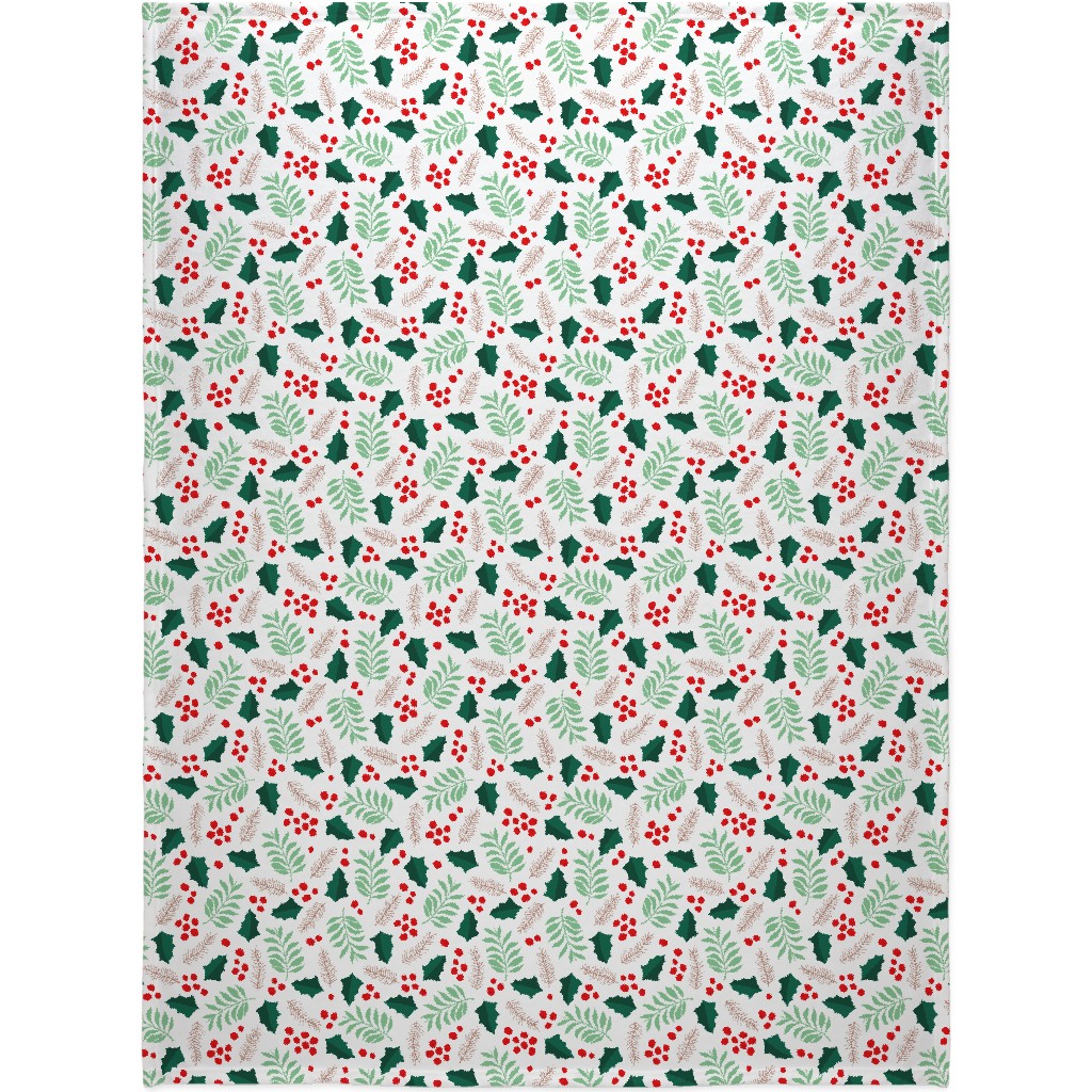 Botanical Christmas Garden Pine Leaves Holly Branch Berries - Green and Red Blanket, Fleece, 60x80, Green, Classic Green