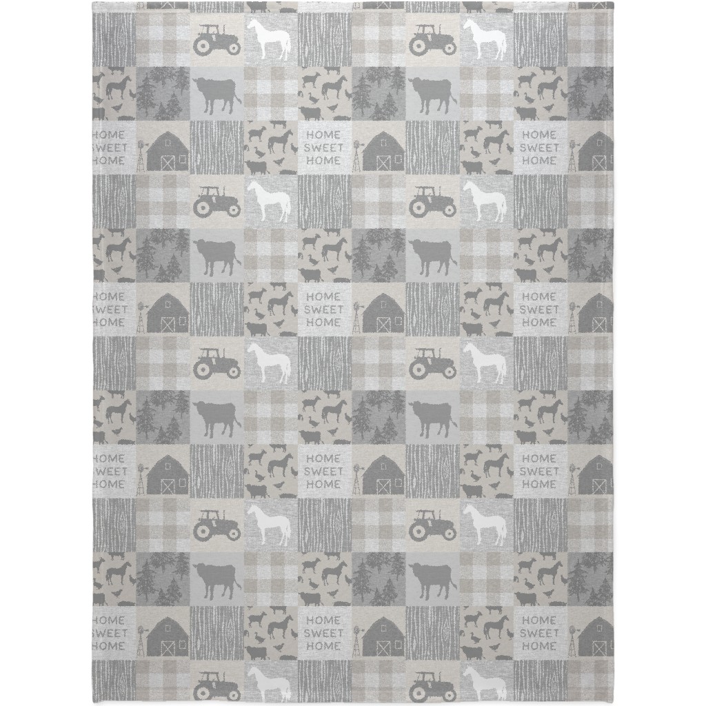 Home Sweet Home Farm - Grey and Cream Blanket, Fleece, 60x80, Gray