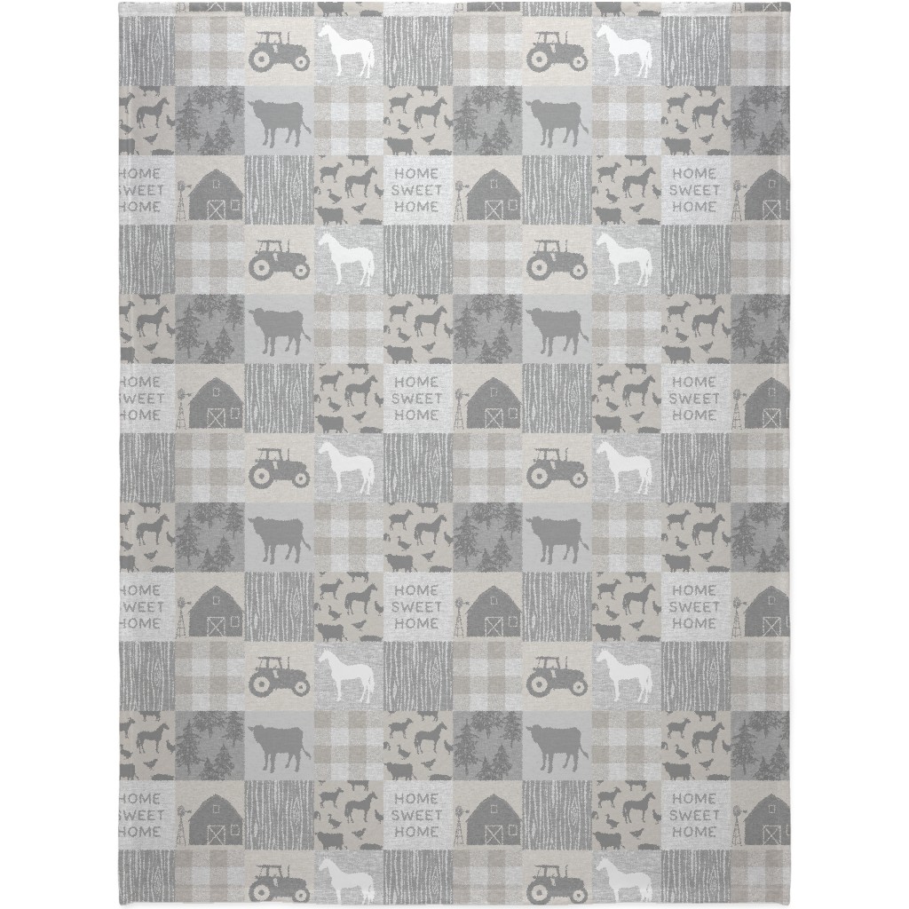 Home Sweet Home Farm - Grey and Cream Blanket, Fleece, 60x80, Gray, Gray