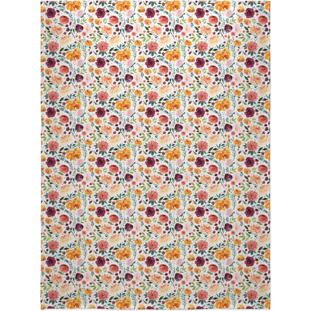 Orange Burgandy Floral Blanket, Fleece, 60x80, Multicolor