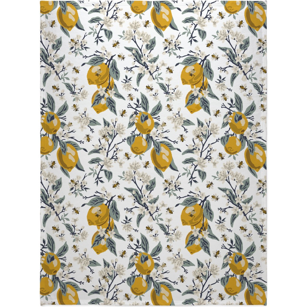 Bees and Lemons - White Blanket, Fleece, 60x80, Yellow