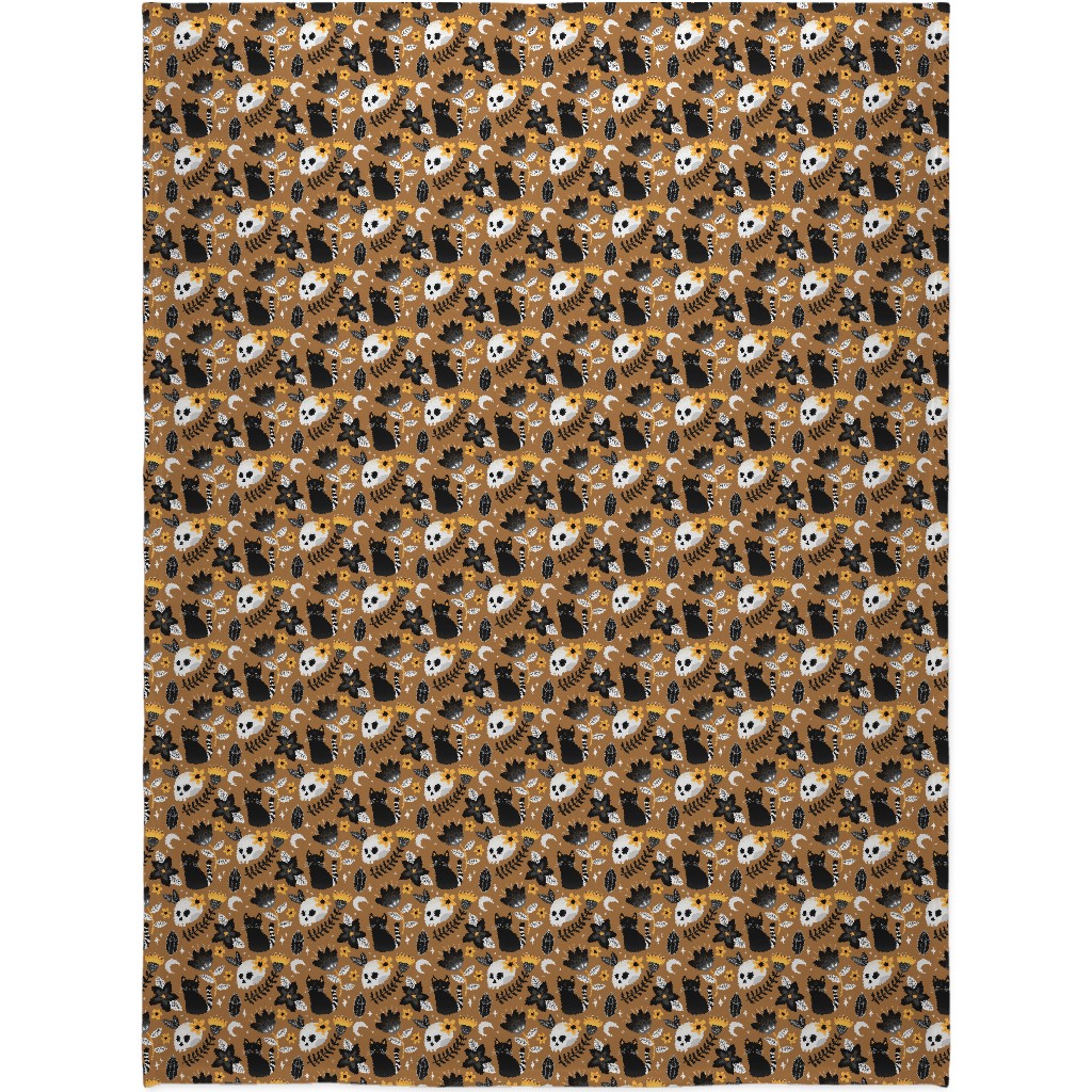 Black Cat & Floral Skull Blanket, Fleece, 60x80, Brown, Brown