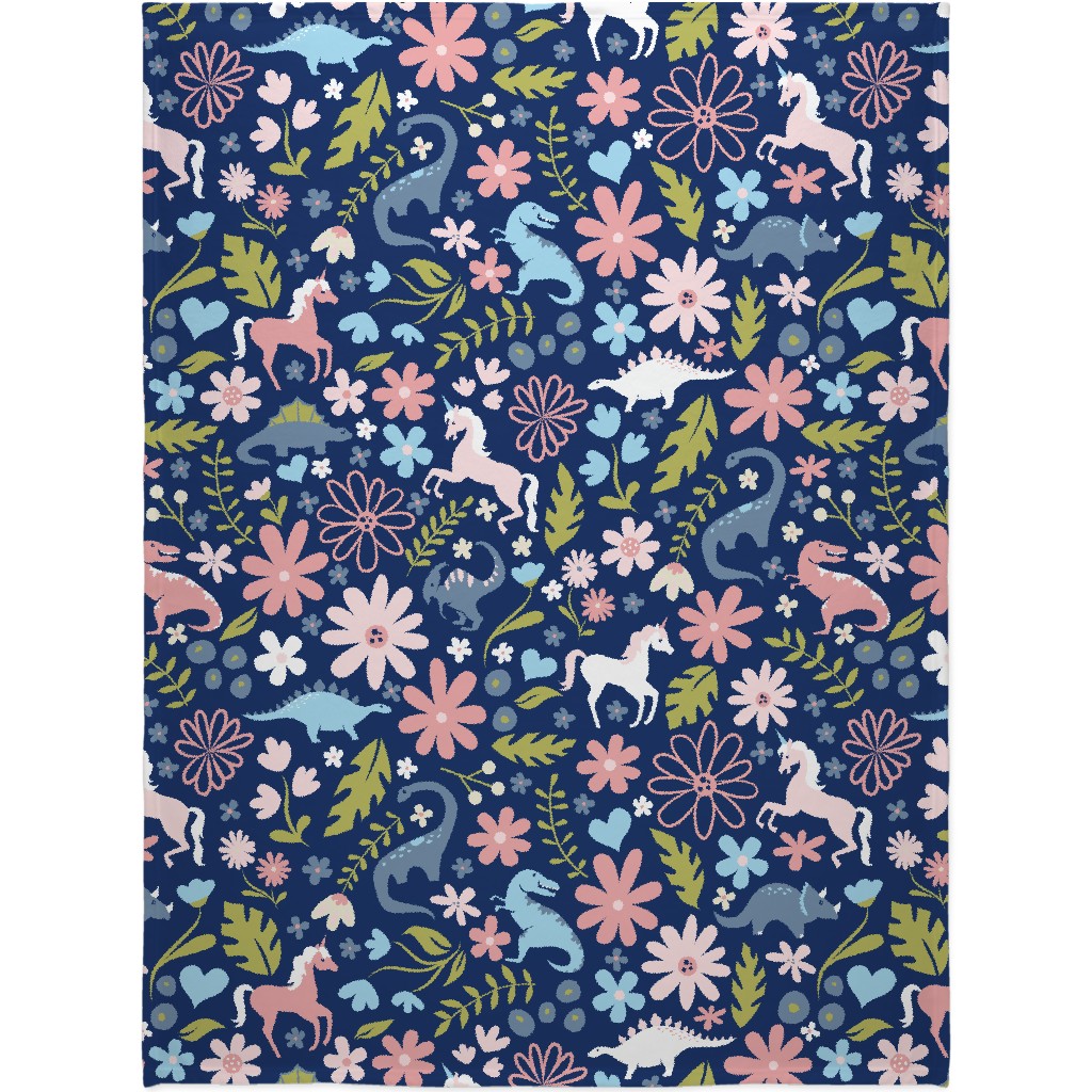 Dinosaurs and Unicorns - Dark Blue Blanket, Plush Fleece, 60x80, Multicolor
