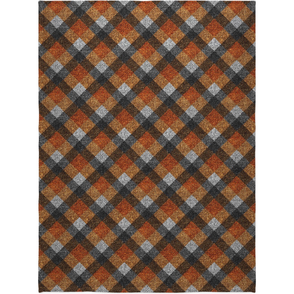 Fall Textured Plaid - Orange and Gray Blanket, Plush Fleece, 60x80, Orange