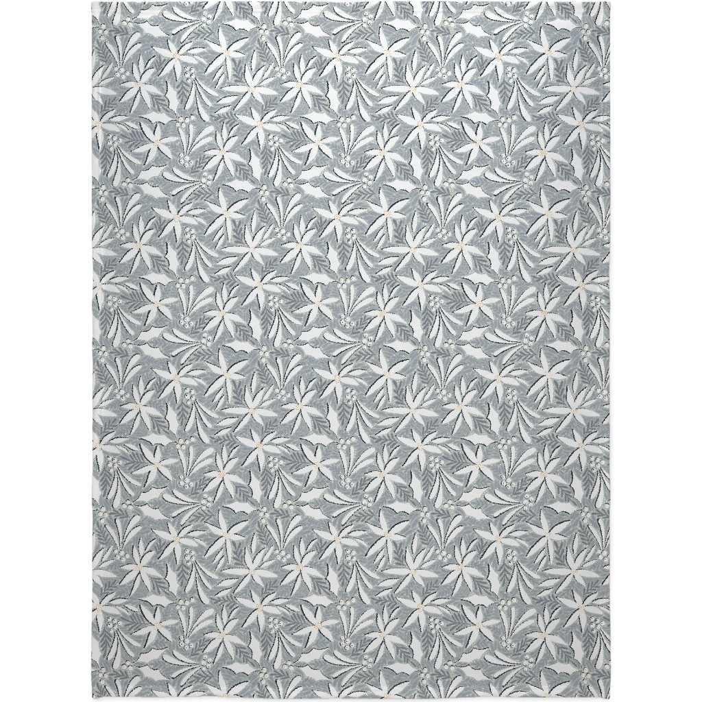 Poinsettia, Holly, & Mistletoe - White & Grey Blanket, Plush Fleece, 60x80, Gray
