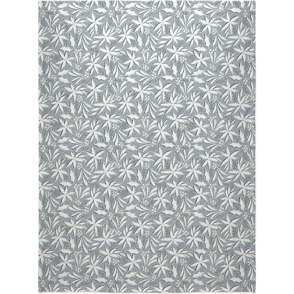 Poinsettia, Holly, & Mistletoe - White & Grey Blanket, Plush Fleece, 60x80, Gray