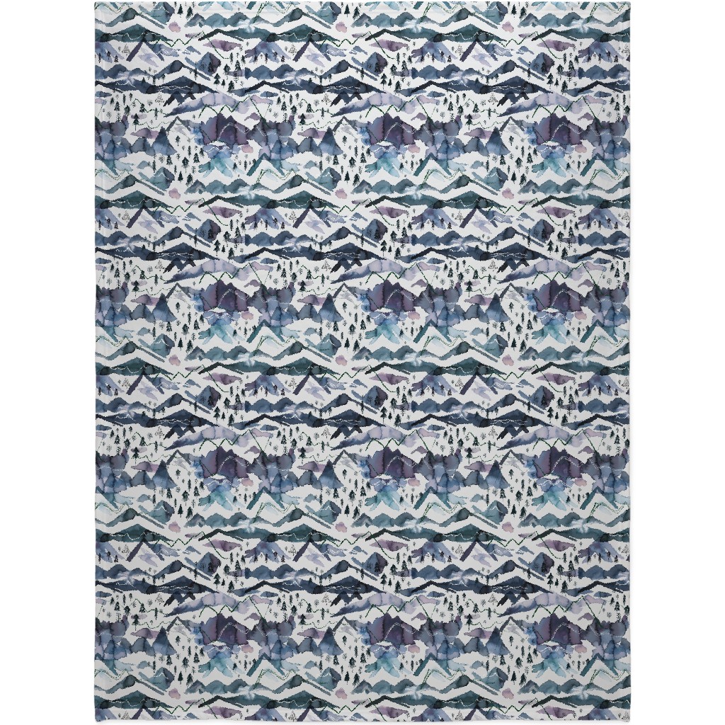 Watercolor Mountains Landscape - Blue Blanket, Plush Fleece, 60x80, Blue