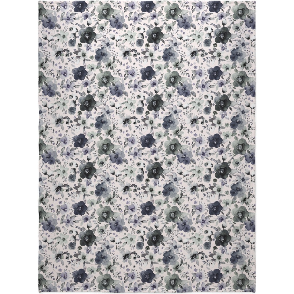 Wintery Watercolor Flower Bouquets - Navy Blanket, Plush Fleece, 60x80, Blue, True Blue