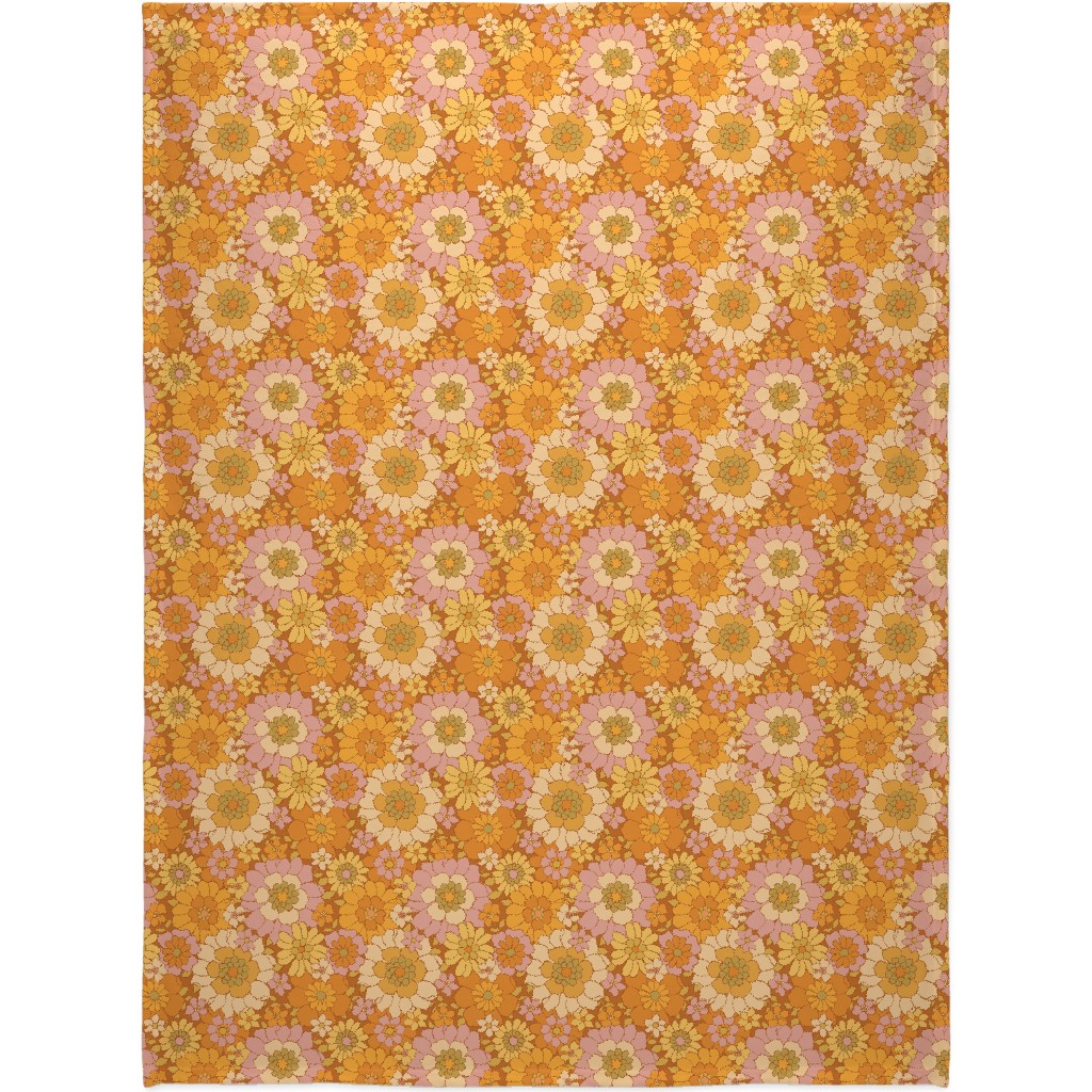 Avery Retro Floral Blanket, Plush Fleece, 60x80, Orange, Tawny