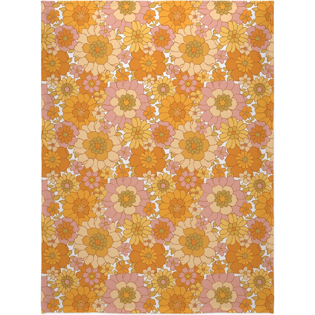 Avery Retro Floral - Orange on White Blanket, Plush Fleece, 60x80, Orange
