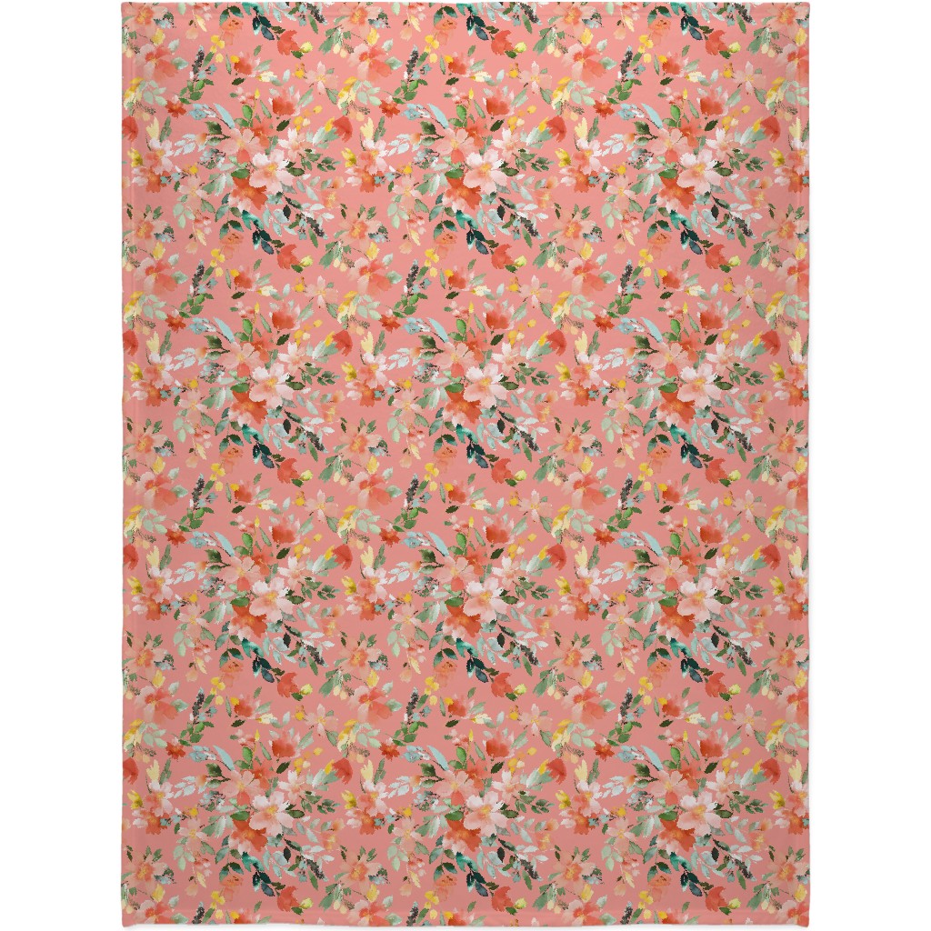 Summery Oleander Floral - Coral Pink Blanket, Plush Fleece, 60x80, Pink, Bright Pink