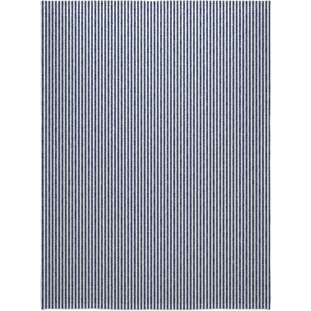 Vertical French Ticking Textured Pinstripes in Dark Midnight Navy and White Blanket, Plush Fleece, 60x80, Blue