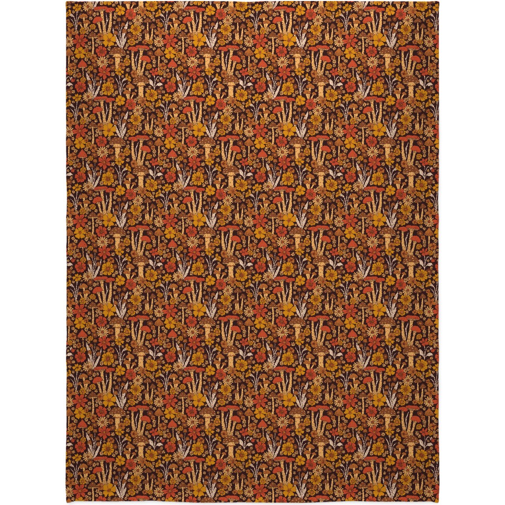 Retro 1970s Mushroom & Flowers - Brown and Orange Blanket, Plush Fleece, 60x80, Orange