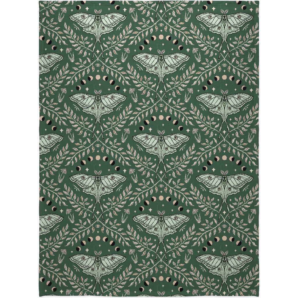 Luna Moths Damask - Green Blanket, Plush Fleece, 60x80, Green