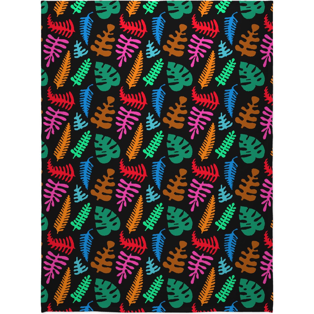 Mod Minimalist Leaves - Multi on Black Blanket, Plush Fleece, 60x80, Multicolor
