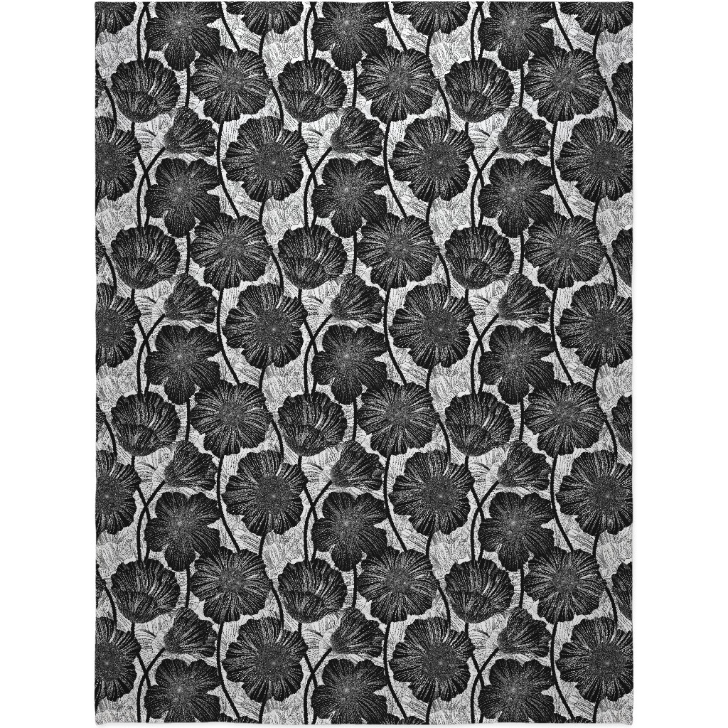 Mid Century Modern Floral - Black and White Blanket, Plush Fleece, 60x80, Black