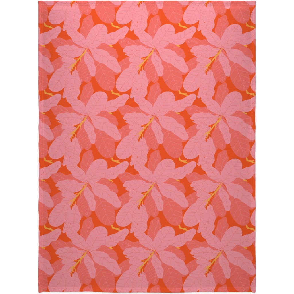 Tropical Banana Leaves - Coral Spice Blanket, Plush Fleece, 60x80, Pink, Bright Pink
