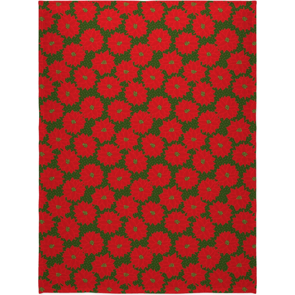 Christmas Poinsettia on Green Blanket, Plush Fleece, 60x80, Red, Red