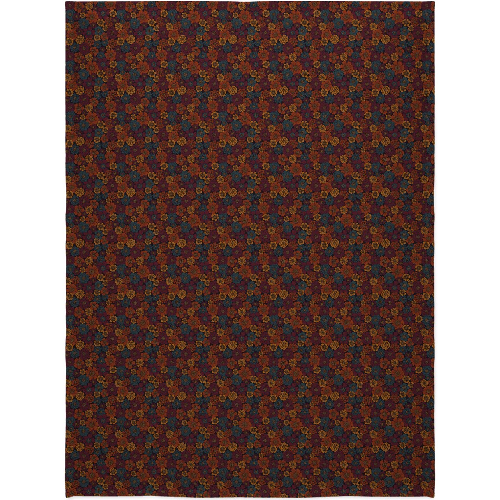 Burgundy, Rust, Mustard & Teal Floral Blanket, Sherpa, 60x80, Red